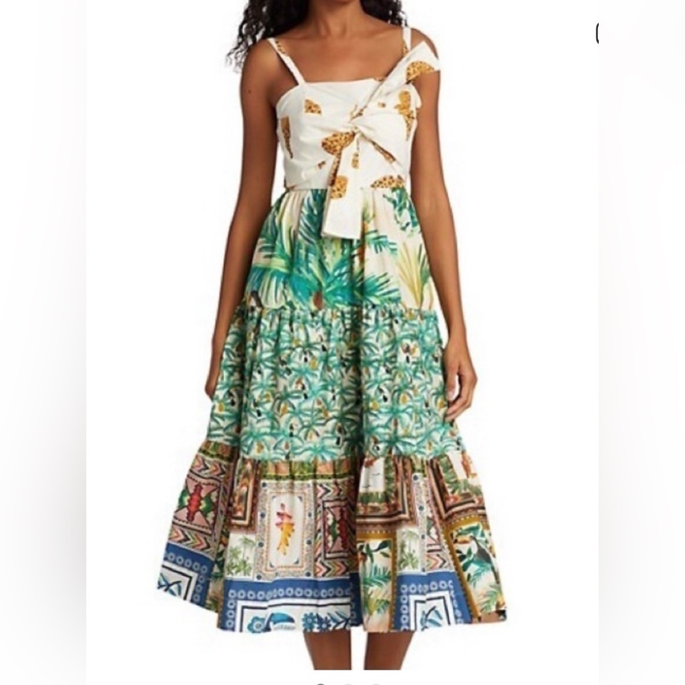 FARM Rio White & Green Tropical Print Midi Dress with Bow